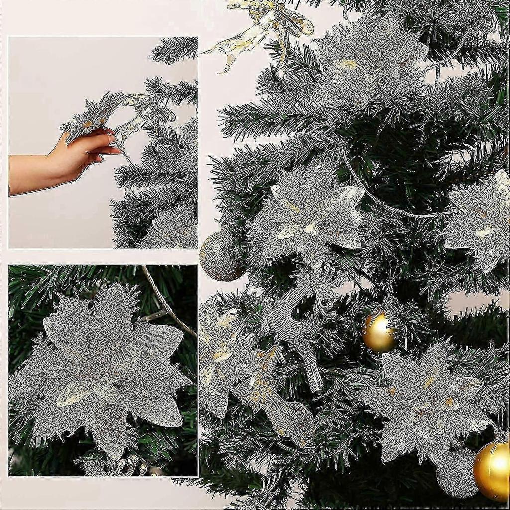 24pcs Christmas Glitter Poinsettia Flowers Artificial Flowers