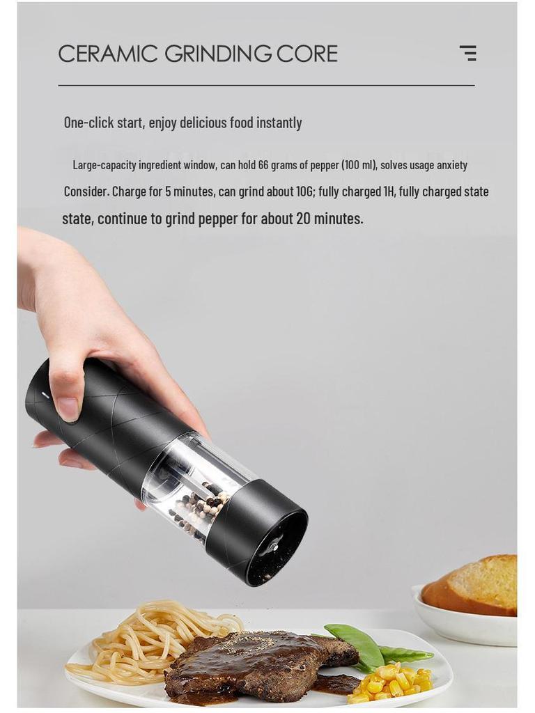 USB Rechargeable Electric Pepper Grinder, Adjustable Coarseness, Kitchen Automatic Black Pepper and Sea Salt Mill.