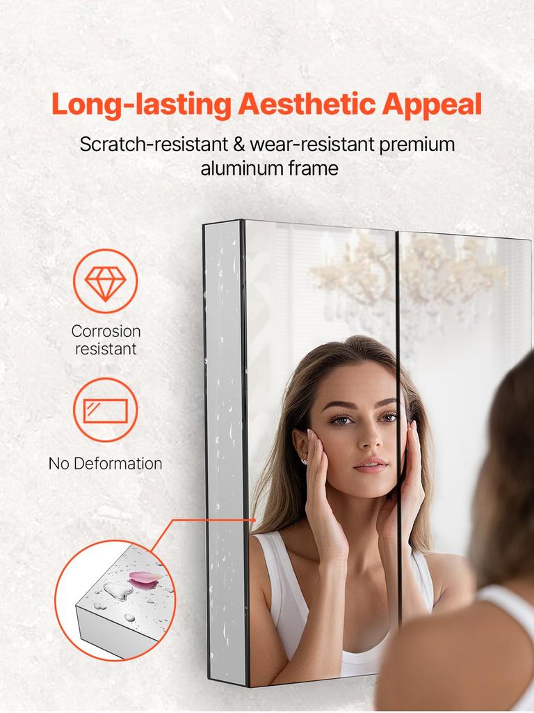 VEVOR Medicine Cabinet, 26 X 30 Inch, Medicine Cabinet for Bathroom with Mirror, Aluminum Frame Bathroom Wall Cabinet, 2-layer Adjustable Shelves