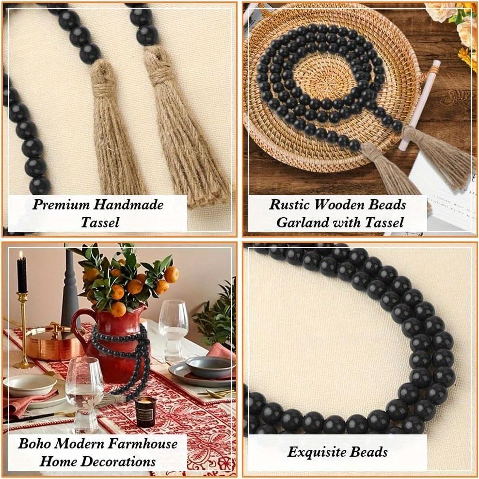 Wood Bead Garland 58 Inch Black Wooden Beads for Boho Farmhouse Table Home Decor with Tassel, Wooden Prayer Bead, Rustic Country Boho Wall Hanging