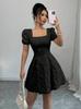 European & American Women's Elegant Slim Fit Jacquard Puff Sleeve Square Neck Summer Dress