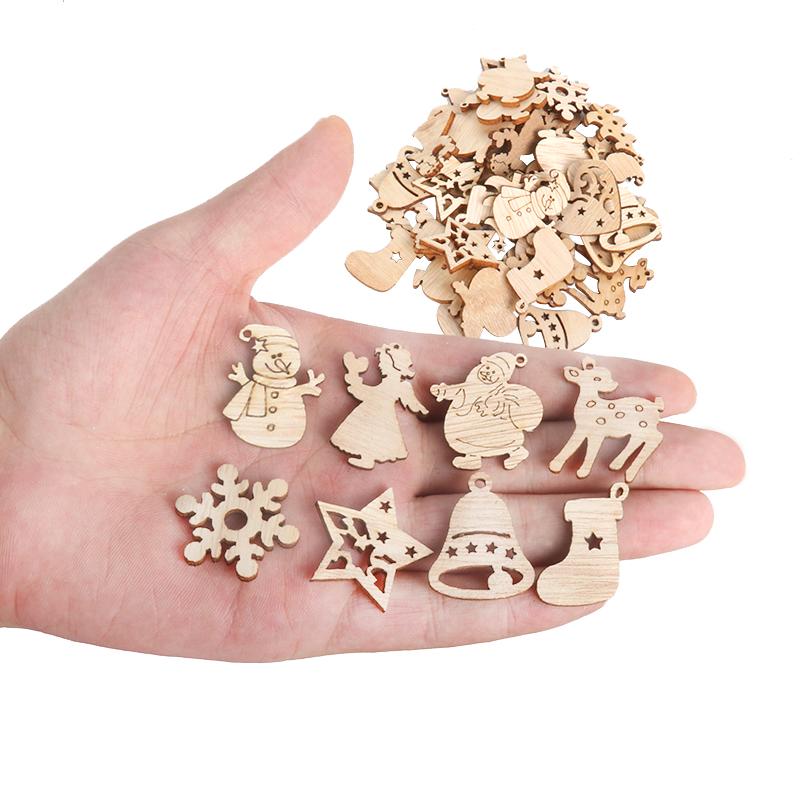 50/100pcs Christmas Natural Wooden Chip Santa Snowman DIY Wood Crafts Christmas Tree Hanging Ornament Pendant Navidad xmas Decor