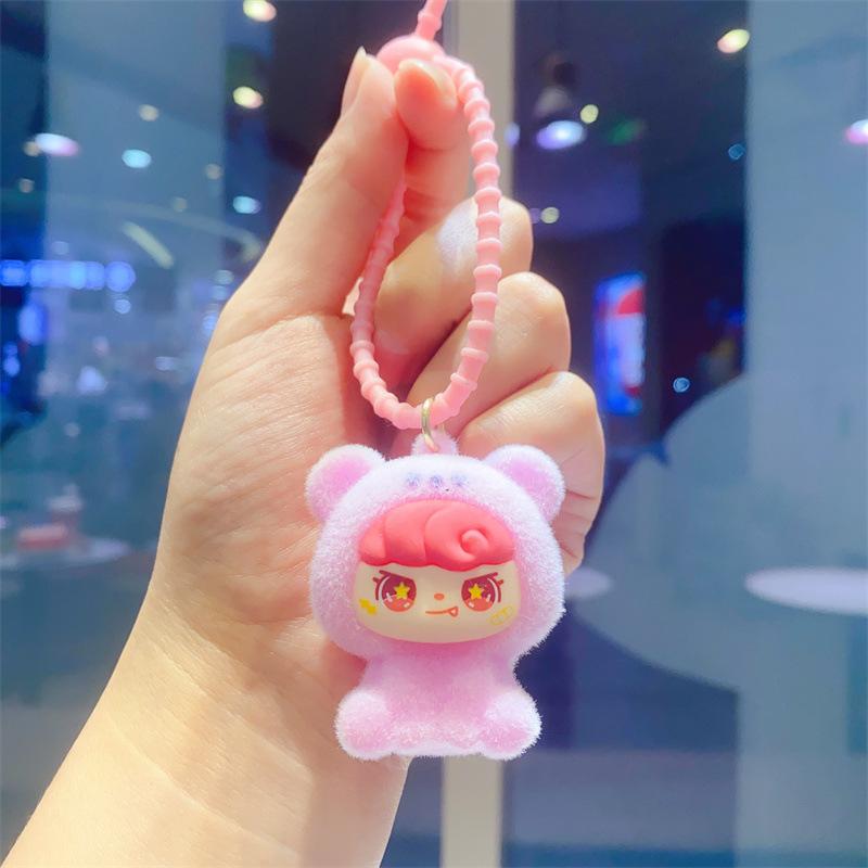 Creative Flocking Sitting Position Girl Tide Play Cute Doll DIY Keychain Schoolbag Pendant Keychain Pendant