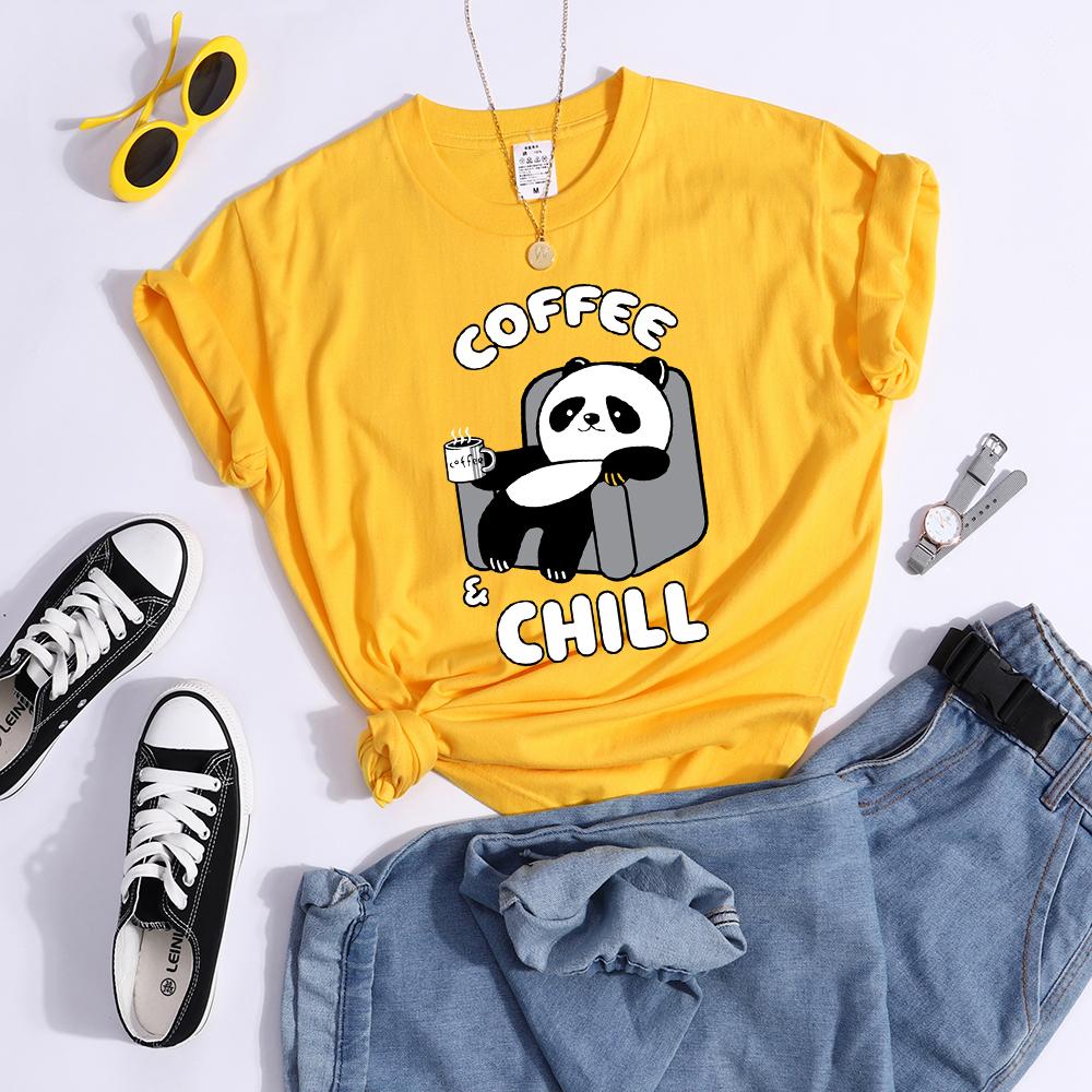 Coffee And Chill Kawaii Panda T Shirts Female Street Creativity T-Shirt Soft Casual Tee Clothes Hip Hop Cool Crop Tops