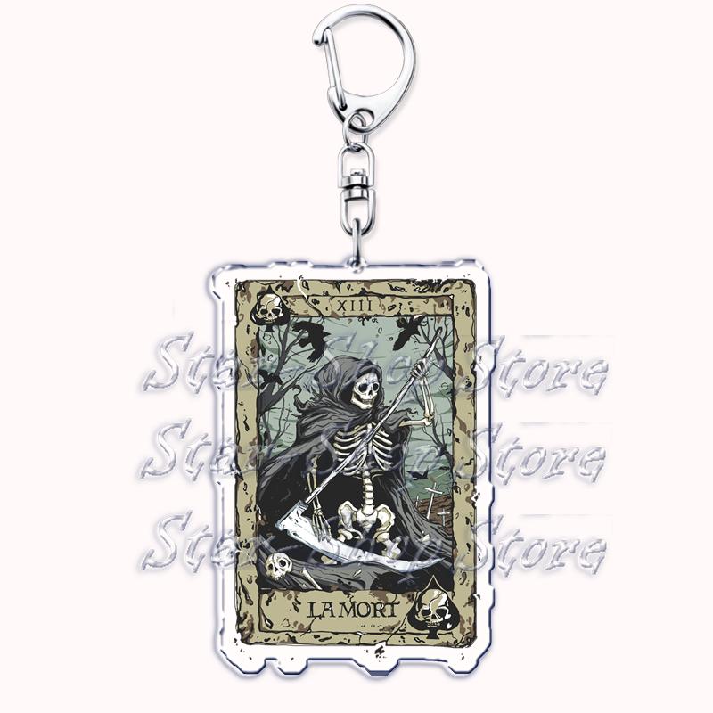 Popular Culture Halloween Tarot Card Keychains for Accessories Moon Luna Death Keyring Jewelry Fans Lovers Friends Reader Gifts
