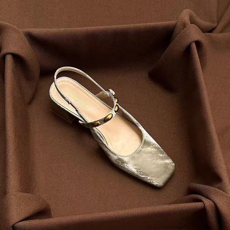 Fashion New Style French Square-toed Woven High-heeled Sandals Summer Fashionable Leather Fabric Mid-heel Women's Shoes Zapatos Mujer