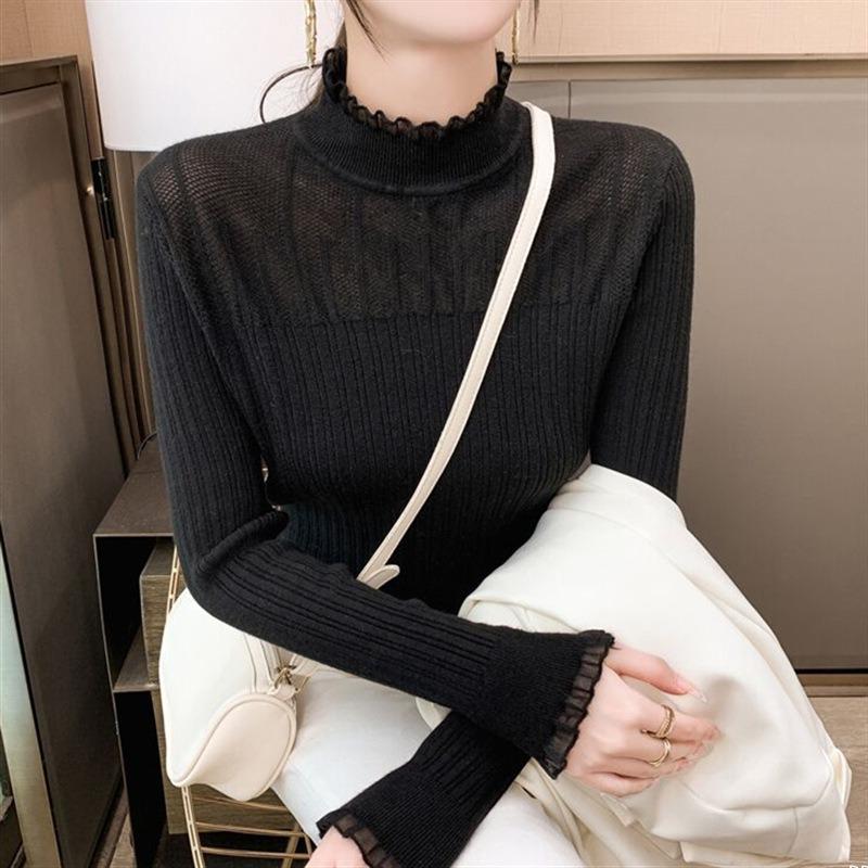 Semi-turtleneck base women's autumn and winter new solid-color lace knitted top slim-fitting inner sweater women's trend
