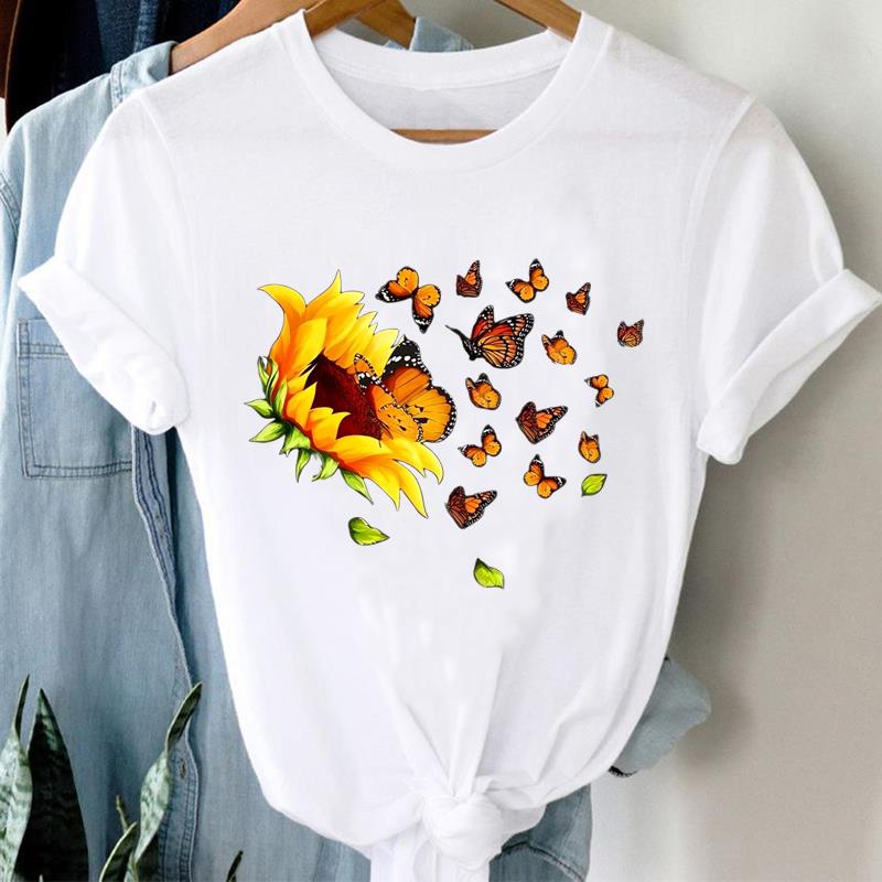 (Asian Size) Printed Clothing Top Fashion Short Sleeve T-shirts Women vintage butterfly flower Graphic Tee Lady Female Casual T Shirt Tees