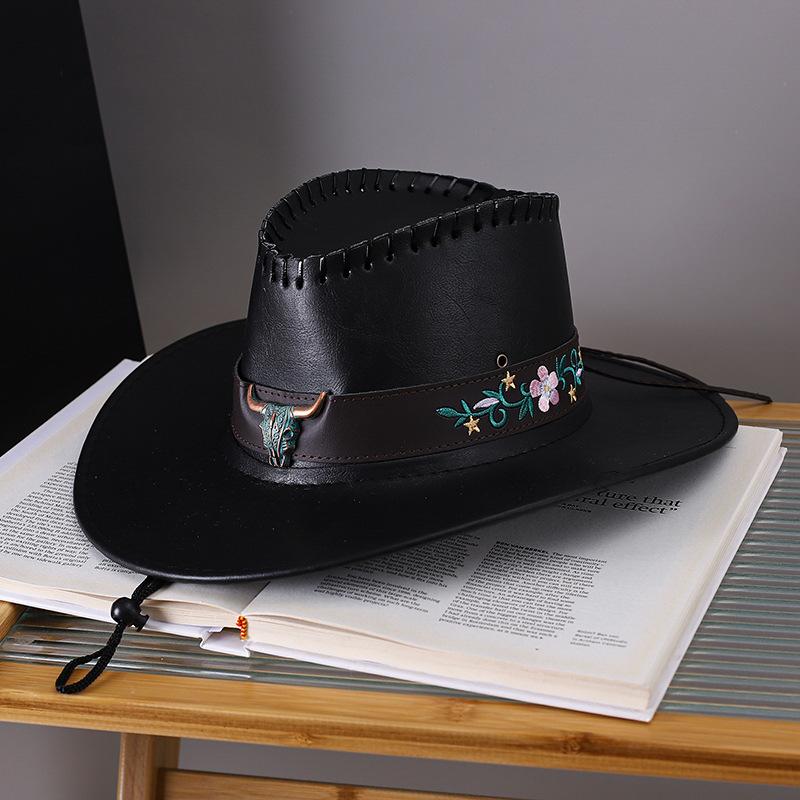 Vintage Fashion Cow Head Decorated Western Cowboy Hat Faux Leather Panama Style Bucket Jazz Cap for Men