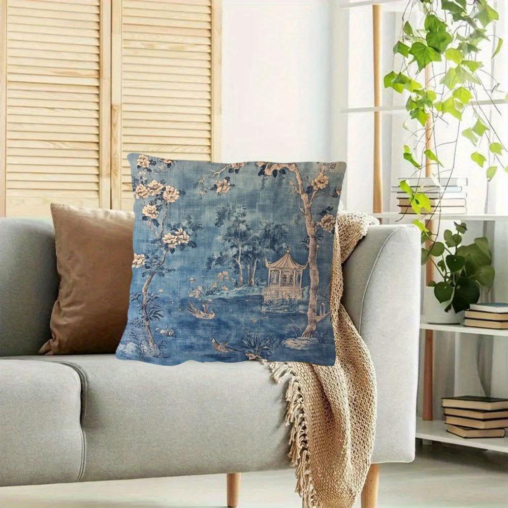 1Pc Of Short Plush Decorative Pillow Cover Featuring An Vintage French Chinoiserie Design In Blue, With Single-Sided Printing. I