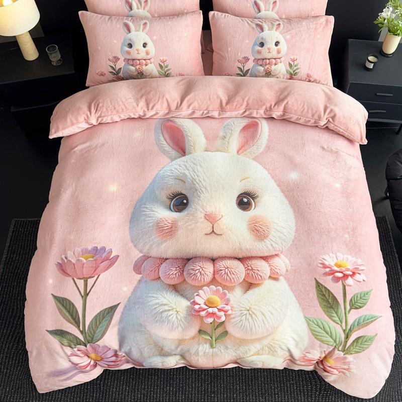 Milk Fleece Four-Piece Set, Large Version Digital Printing Cute Cartoon Single Double Quilt Cover, Bed Hat Three-Piece Set