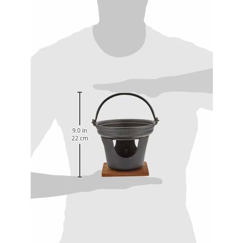 Asahi Iron Nanbu Sukiyaki Pot and Stove Set, Cast Iron/Natural Wood Base, Japan QSK41