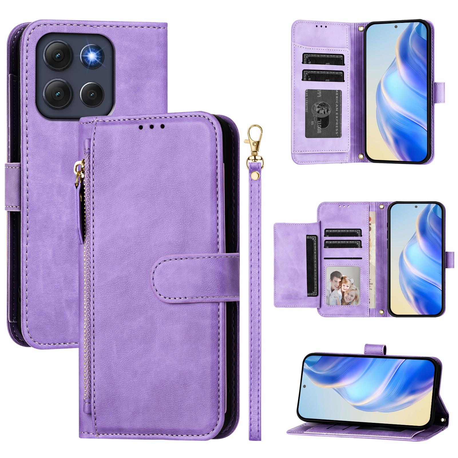 

For Motorola Moto G86 5G Case Zipper Pocket Multiple Card Slots Leather Phone Cover Purple