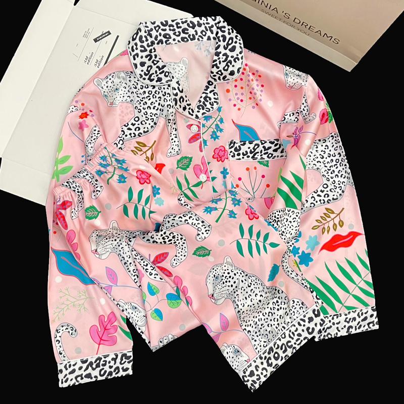 Pyjama Set met Luipaardprint voor Dames Idyllische Stijl Lange Mouw Broek Vrouw Lounge Herfst Winter Cartoon Nachtkleding