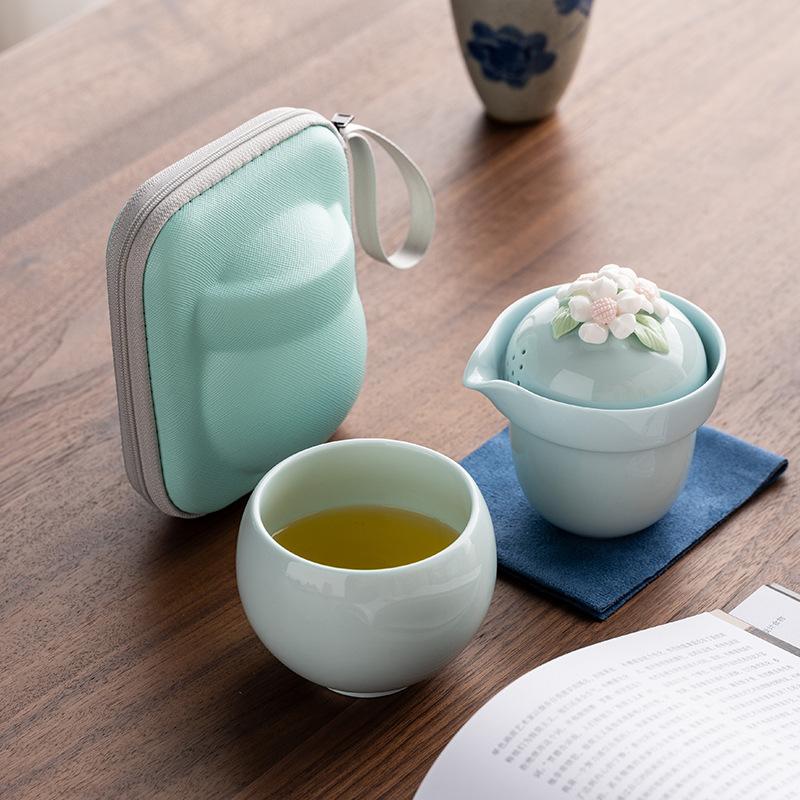 Pink travel camping outdoor portable storage bag kung fu tea set women's handmade pinched flower souvenir