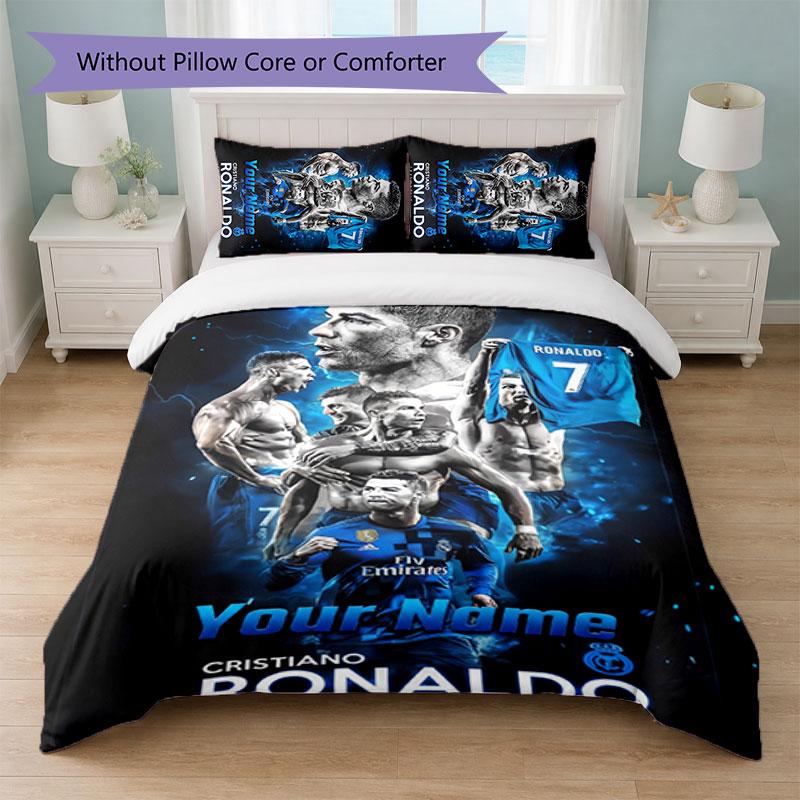 Set Biancheria da Letto Personalizzato Cristiano Ronaldo con Nome Testo 1 Copripiumino+2 Federe Logo Calcio Regalo Personalizzato per Occasione Speciale Arredamento Camera da Letto