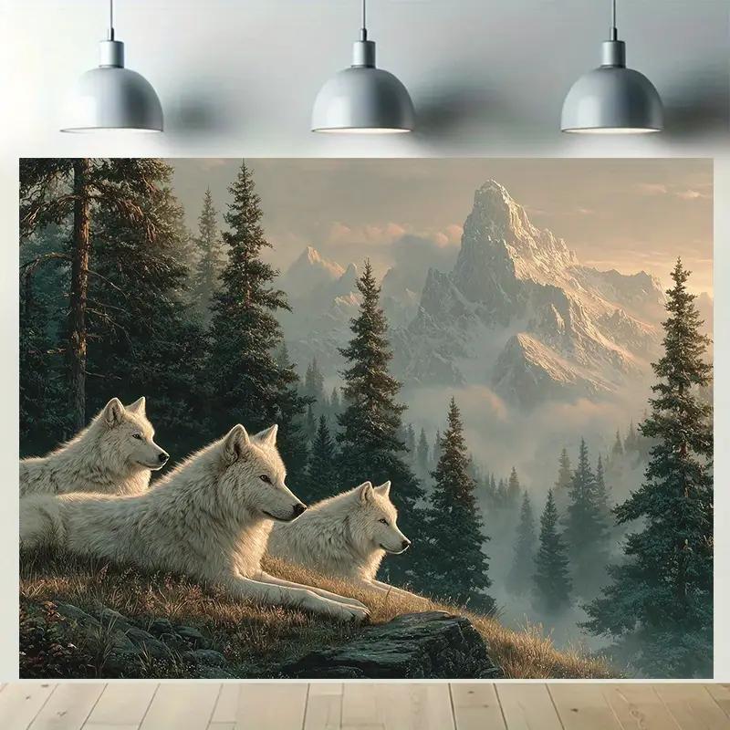 White Wolves Mountain Forest Wall Tapestry 2D Flat Printing Wildlife Art Nature Decor Home Interior Design Living Room Wallpaper