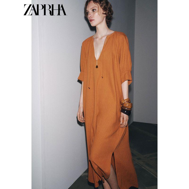 Zaprha 2025 Summer New Bow Series Adjustable round Neck Puff sleeve Long Sweater Type Dress 8192175