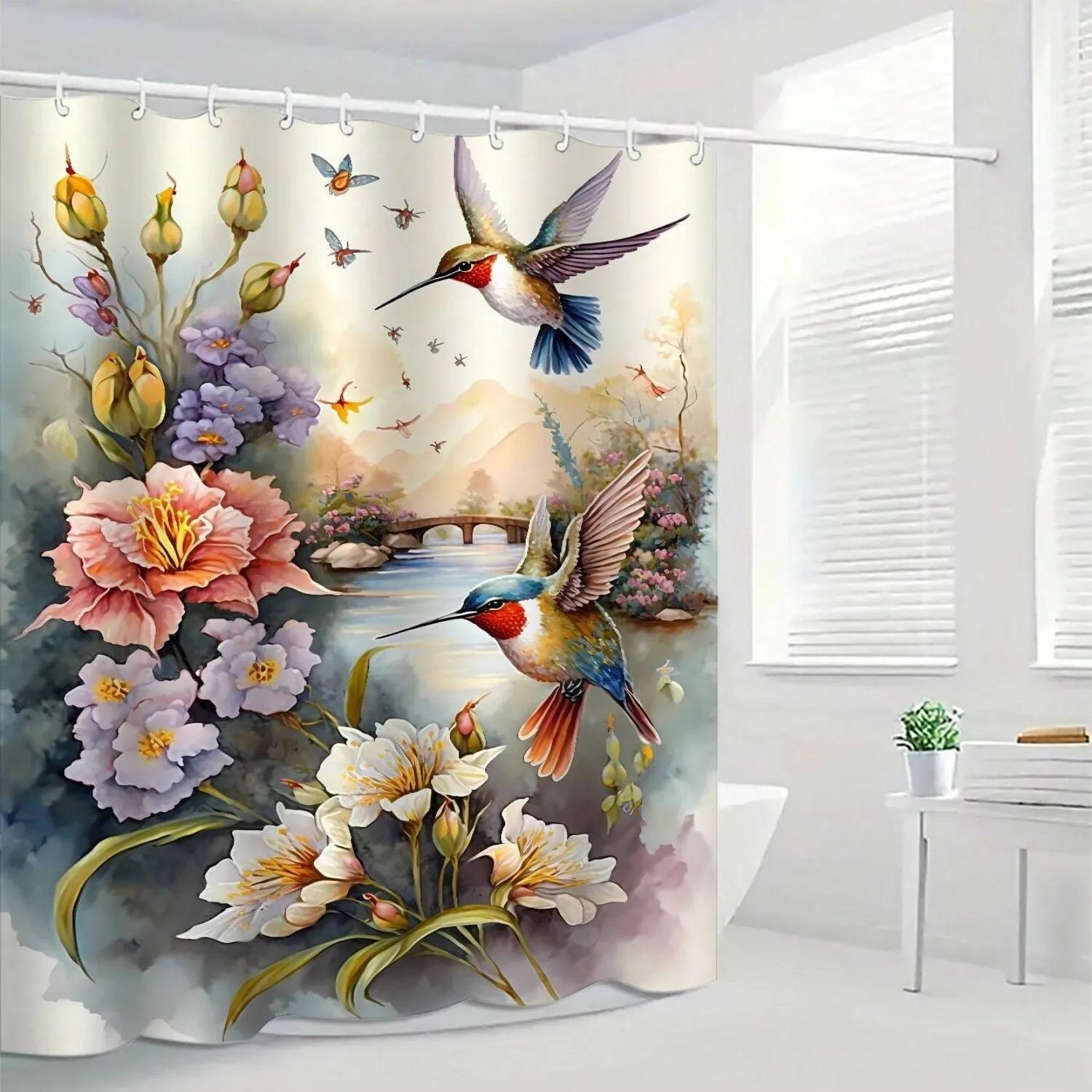 

1Pc Spring Birds And Flowers Winter Bathroom Curtain Digital Print Polyester Shower Curtain No-Hole Bathroom Partition Curtain W60H190(CM)-1 Pcs