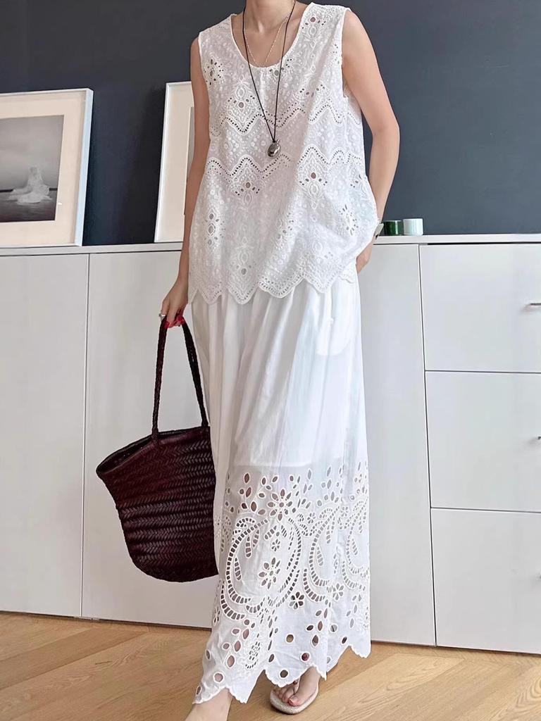 Nanyou Women's 2026 Spring French High Waist Embroidered Lace Maxi Skirt