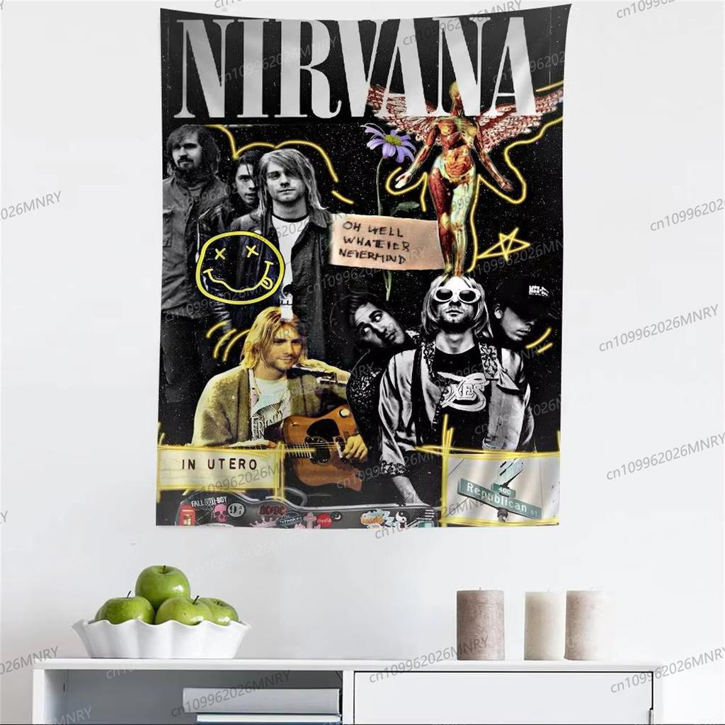 Nirvana Rock Band Tapestry Print Home Decor for Living Room Bedroom Dorm Hot Sale Fabric Multi Size Wall Art Sci Fi Style Room