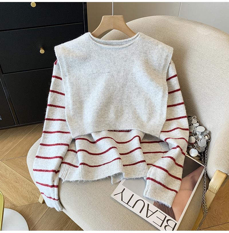 2025 Autumn Women's Korean Style Striped Jacket & Long Sleeve Sweater Two-Piece Set
