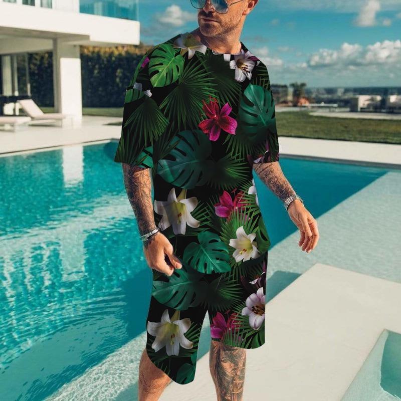 Men's Hawaiian Full Print Suit Casual T-shirt Beach Pants Suit