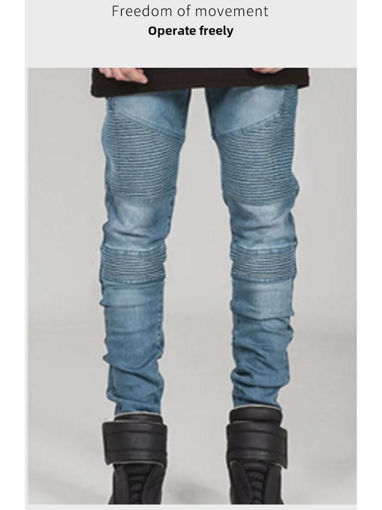 Trendy Slim-Fit Biker Jeans – Stylish Motorcycle Pants with Wrinkled Design for Cross-Border Fashion Enthusiasts