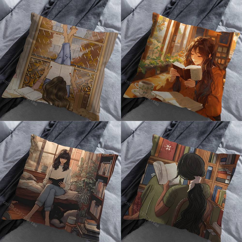 Read Book illustration Pillowcase for Sofa Room Office Decor Printing Merchandise AllMatch Cushion Cover