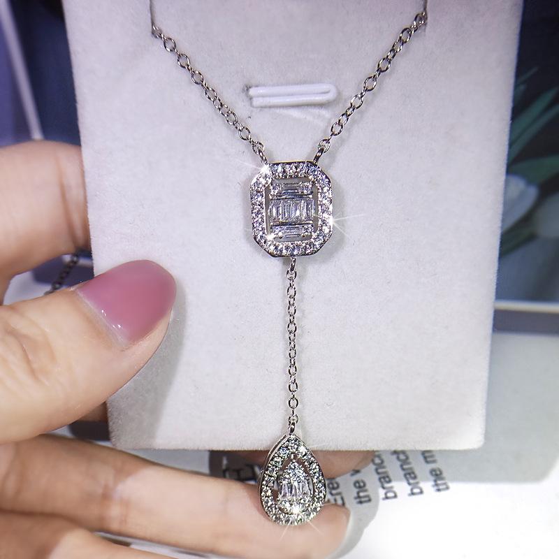 Fashionable Asymmetric Square Water Droplet Long Zircon Earrings Ring Necklace Jewelry Set