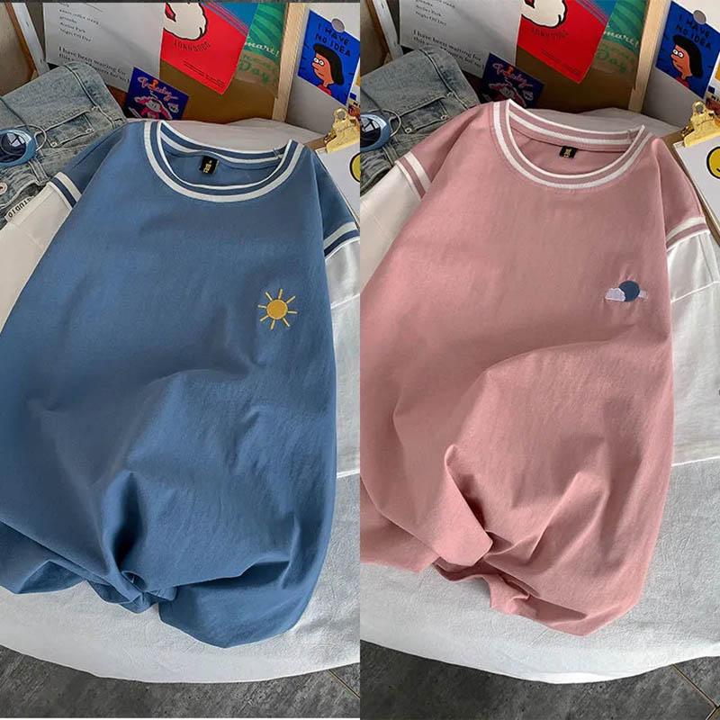 Tops Frauen Baumwolle Sommer Rundhals T-shirt kurzarm Lose Gedruckt Gefälschte Zwei Lose Bequeme Tops