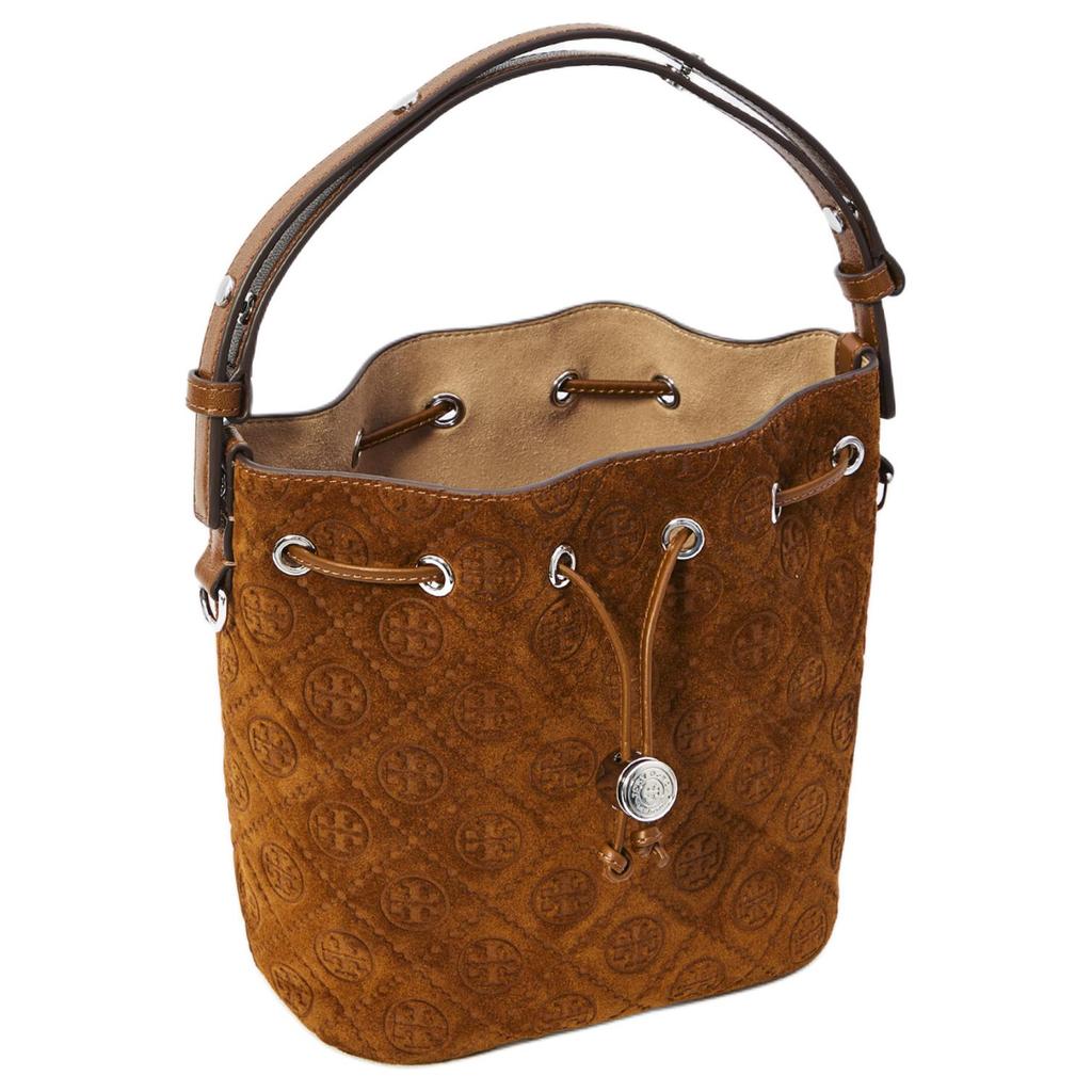 Tory Burch T Monogram Leather Top Handle Bucket Bag With Detachable Adjustable Shoulder Strap Drawstring Closure Logo Details 178210-200