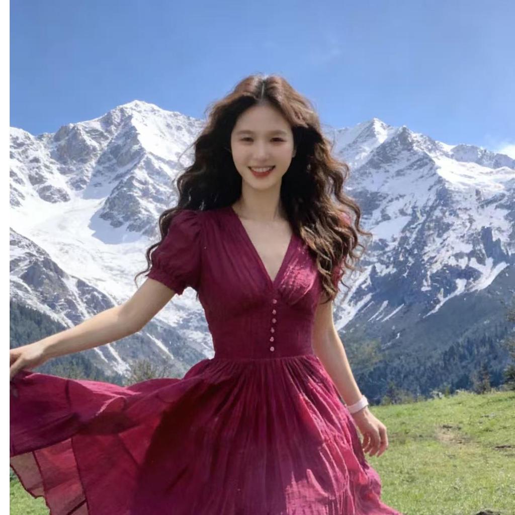 2026 Raspberry Off-Shoulder Petite Summer Maxi Dress - Elegant French Slimming Style for Women