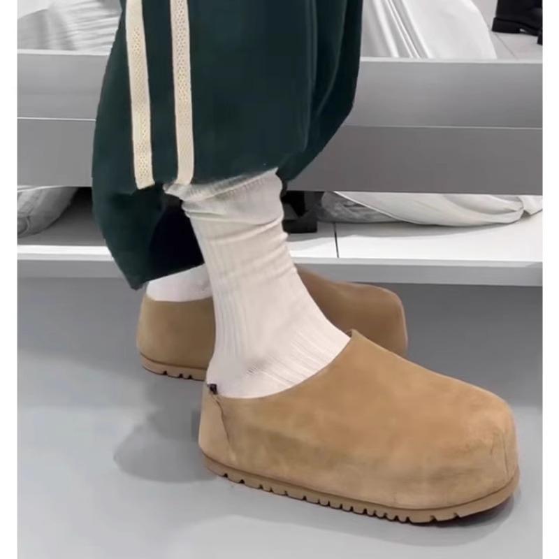 2025 Nowe Damskie Małe Zamknięte Pantofle ze Skóry Nubukowej Podwyższające Obcas Wsuwane do Noszenia na Zewnątrz