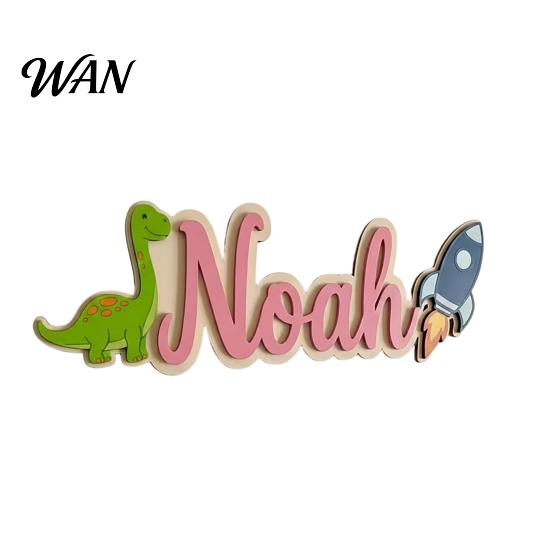 Soft Color Kids Door Decor Personalized Name Sign Dinosaur Rocket Wooden for Boys For Custom Nursery Hanging Wall Bedroom Playroom