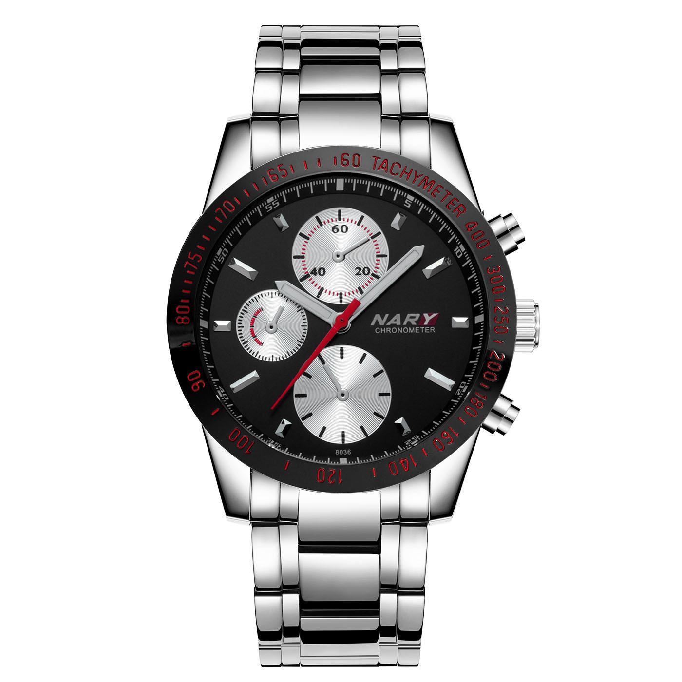 NARY Men s Steel Band Quartz Watch, Three-Eye Model 8036