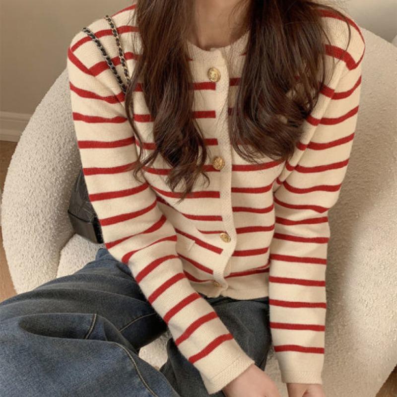 Striped Round Neck Knitted Cardigan for Women Autumn Loose Outerwear Women Short Sweater Coat Winter Elegant Slim Fit Vintage Cardigans Jackets 24916