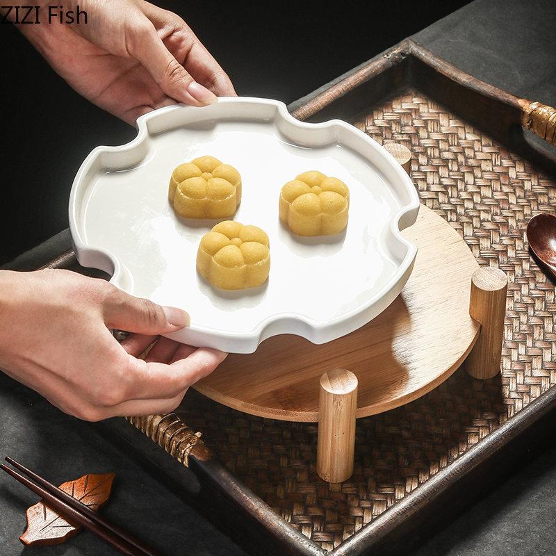 Nordic Creative Steak Plate Ceramic Dessert Cake Display Plate with Wooden Frame Family Party Barbecue Plate Kitchen Tableware