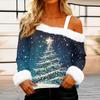 Women's Off-the-shoulder Plush Neck Printed Long-sleeved Pullover T-shirt Top