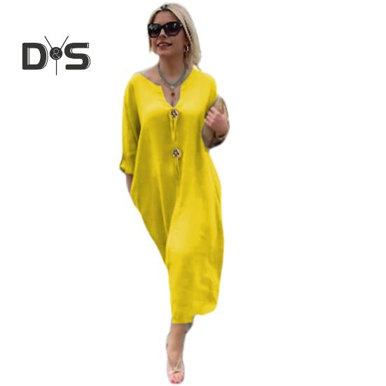 Sukienka damska z dekoltem w serek, guzikami, zdobiona, długimi rękawami, luźna, jednolita, w dużym rozmiarze, do połowy łydki, prosty styl, dojazdy do pracy, codzienne noszenie, sukienka midi