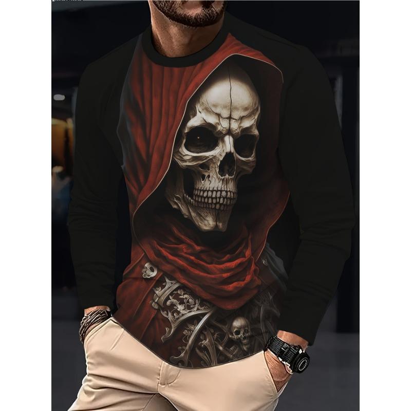Men's Red Cloak Grim Reaper Skull Graphic Long Sleeve Crew Neck T-Shirt, Vintage Gothic 3D Print Casual Loose Tee Tops