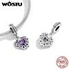 WOSTU 925 Silver Dreamy Purple Heart Charms Safety Chain Space Jewelry Beads Fit Original Bracelet DIY Bangle For Women