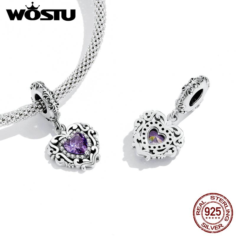 WOSTU 925 Silver Dreamy Purple Heart Charms Safety Chain Space Jewelry Beads Fit Original Bracelet DIY Bangle For Women