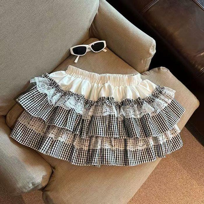Double-decker Cake Skirt Pleated Skirts Summer Elastic High Waist Short Skirt A-line Fluffy Skirt Sweet
