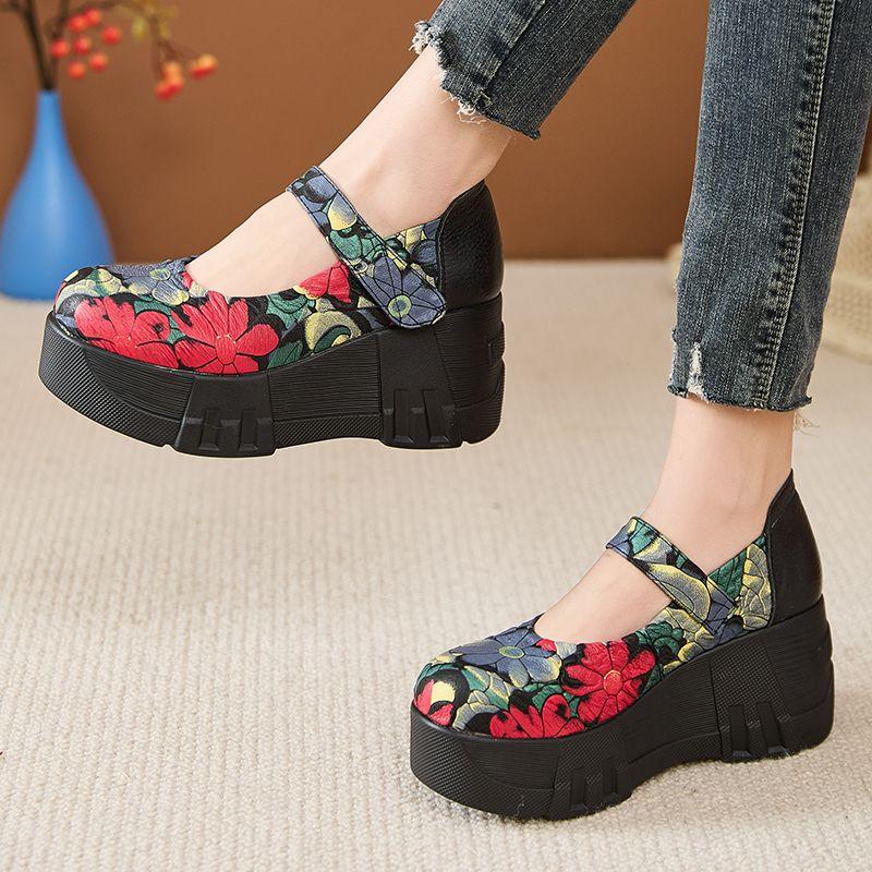 Fashion High Quality 7CM Genuine Leather Pigskin Moccasins Ladies Summer Women Thick Soled Flats Platform Wedge Sandals Round Toe Shoes
