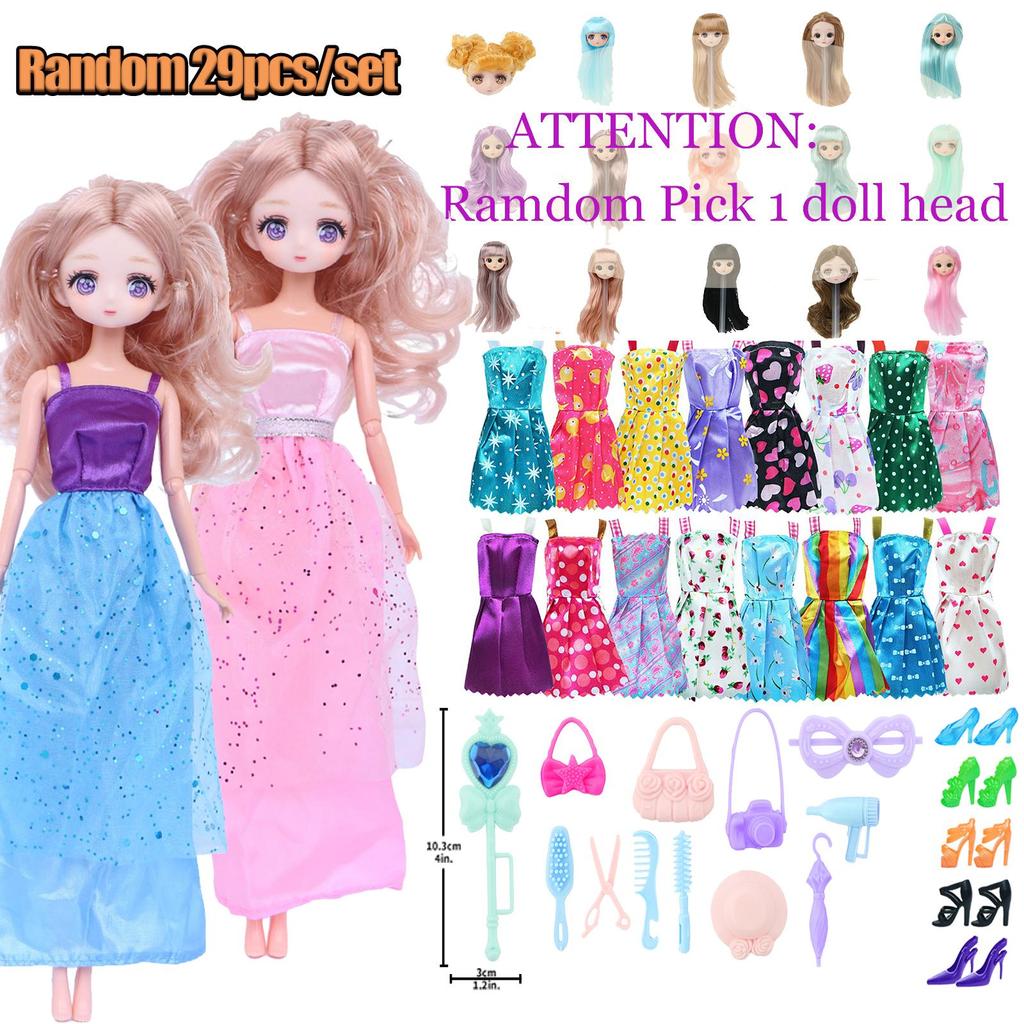 Random 29 Pcs/Set Doll Clothes for 11.5'' Doll Clothes 1 Doll Body and Head 1 Gown 10 Mini Dresses 5 Shoes 12 Accessories Kids Toy Accessories