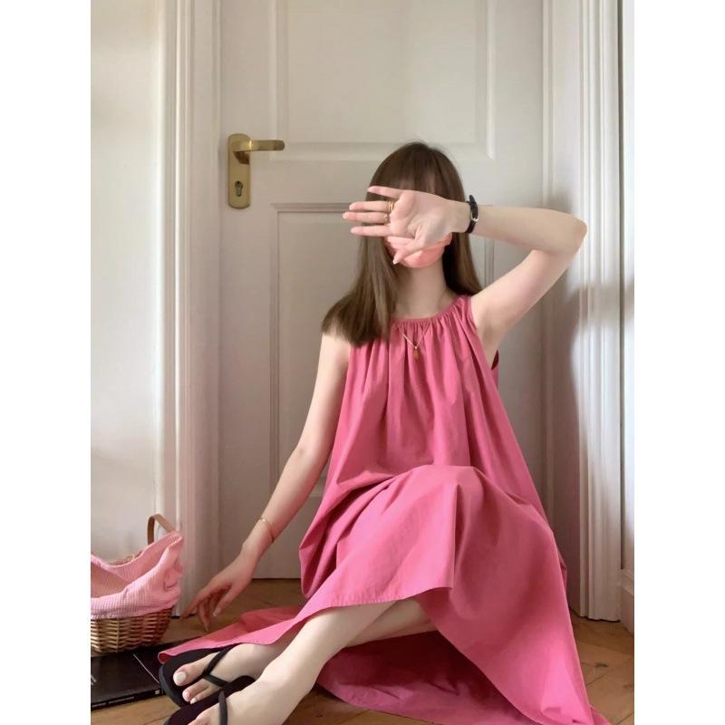 Raspberry sleeveless dress women's summer new high-end temperament white vest long skirt
