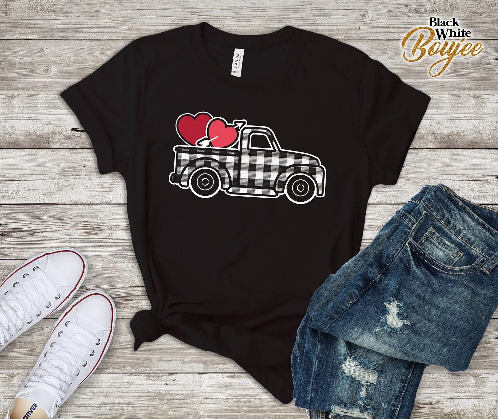 Buffalo Black White Plaid Heart Pickup Truck Valentines Day T-shirts Valentines Day Gifts M