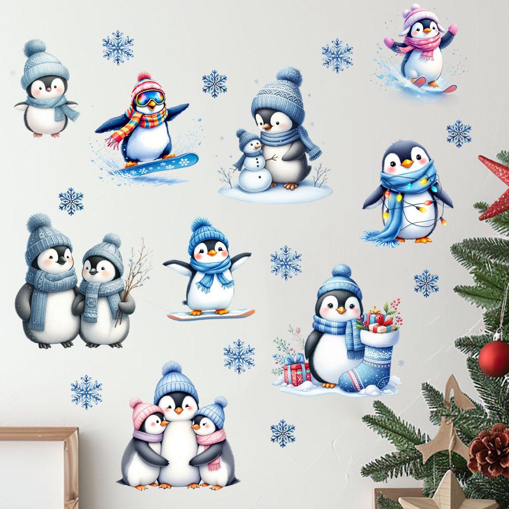 White Christmas Penguin Skiing Snowflake Wall Sticker for Living Room, Bedroom & Entrance - MLC-98