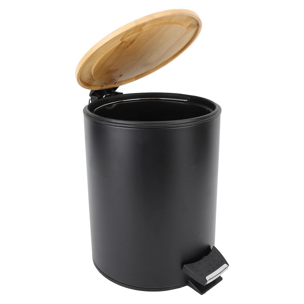 Trash Can Large Capacity Soft Close Bamboo Lid Round Waste Bin with Foot Pedal for Bathroom Kitchen Black